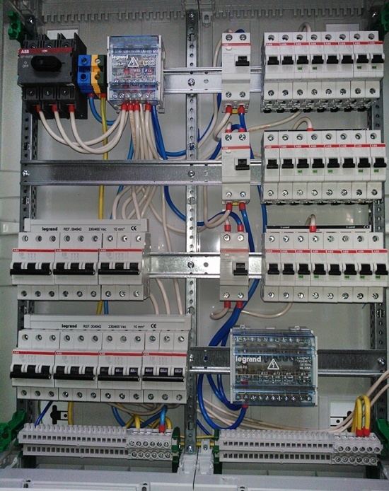 Quadro de distribuição com disjuntores e dispositivos de proteção